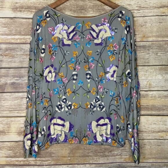 Vintage L heavily embroidered and beaded skirt set sage green floral motif - Picture 2 of 12